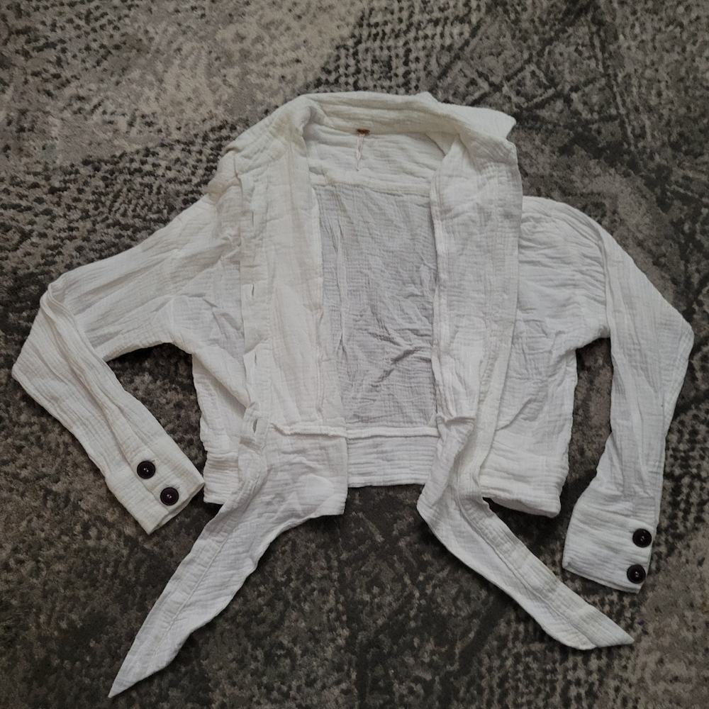 Free People Sun Streaks Tie Front Top Gauzy Button Up Tie Hem White Size Small - Picture 6 of 14